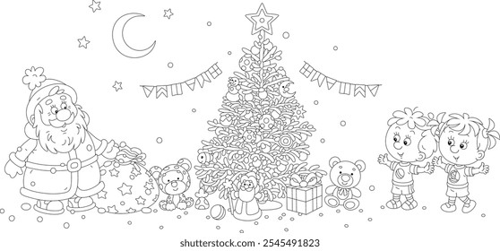Happy little girl and boy suddenly meeting Santa Claus with his magical bag full of holiday gifts near a festively decorated Christmas tree, black and white vector cartoon illustration