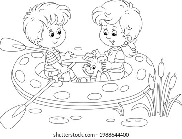 Happy little girl and boy with their merry pup riding an inflatable boat on a small lake on summer vacation, black and white outline vector cartoon illustration for a coloring book page