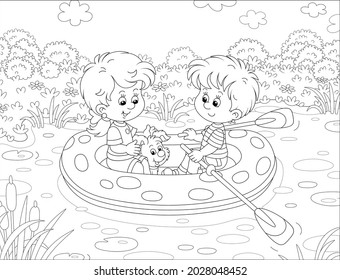 Happy little girl and boy with their merry pup riding an inflatable boat on a small lake in a pretty countryside on summer vacation, black and white vector cartoon for a coloring book page