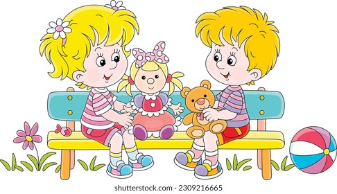 Happy little girl and boy with their funny toys sitting on a colorful small bench and merrily chatting on a warm summer day in a park, vector cartoon illustration isolated on white