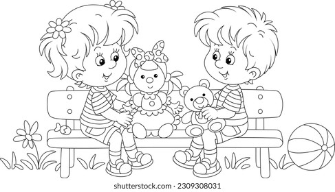 Happy little girl and boy with their funny toys sitting on a small bench and merrily chatting on a warm summer day in a park, black and white vector cartoon illustration for a coloring book