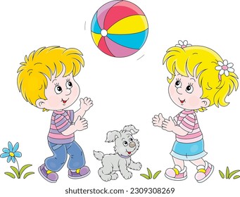 Happy little girl and boy with their merry pup playing a big striped ball on a warm summer day in a park, vector cartoon illustration isolated on white