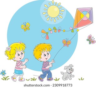 Happy little girl and boy with their merry pup playing with a flying colorful kite on a sunny summer day in a park, vector cartoon illustration isolated on white