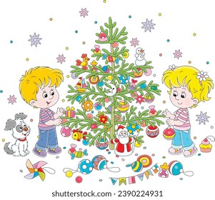 Happy little girl and boy with their merry pup decorating a beautiful green Christmas tree with colorful holiday toys, balls and sweets, vector cartoon illustration on a white background