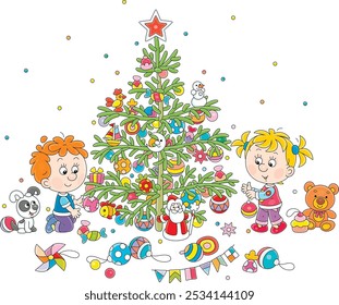 Happy little girl and boy with their merry pup decorating a beautiful green Christmas tree with colorful holiday toys, balls and sweets, vector cartoon illustration on a white background