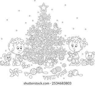 Happy little girl and boy with their merry pup decorating a beautiful Christmas tree with holiday toys, balls and sweets, black and white outline vector cartoon illustration for a coloring book