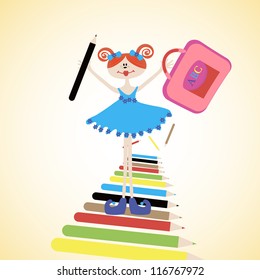happy little girl with a briefcase and a pencil is on track