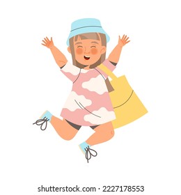 Happy Little Girl in Bucket Hat Jumping Sharing Positive Vibes Vector Illustration