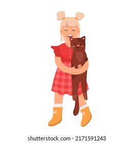 Happy little girl caring her cat. Holding and cuddling domestic pet, child petting animal, family member vector illustration