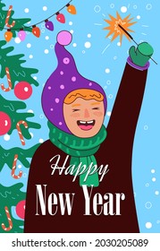 Happy little girl celebrates New Year and Merry Christmas. Child laughs and holds sparkler outdoor. Winter family celebration eve. Holiday poster with inscription. Vector drawing eps banner