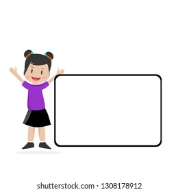 happy little girl character with empty board  