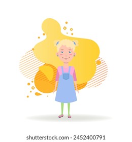 Happy little girl character flat vector illustration. Girl with curly blond hair in skirtalls. Childhood, kid concept for web design, banner or landing page