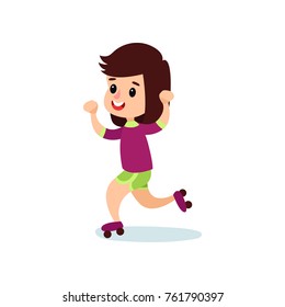 Happy little girl character skating on rollerblades, kids physical activity cartoon vector Illustration