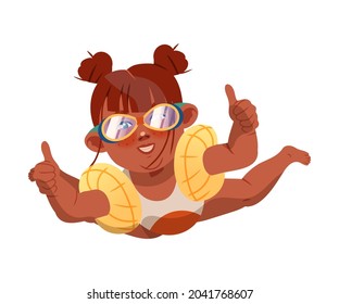 Happy Little Girl Character in Swimsuit and Goggles Swimming in Sea Water with Armbands Vector Illustration