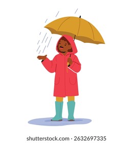 Happy little girl child cartoon character with umbrella rejoicing rainy seasonal weather fun outdoors vector illustration. Preschool female kid playing with rain drops feeling positive emotion
