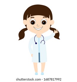 Happy Little Girl Child In Doctor Clothes Waving Hello. A Cute And Friendly Character For Medical Illustrations To Those Kids So That They Are Not Afraid To Go To The Doctor. Professions.