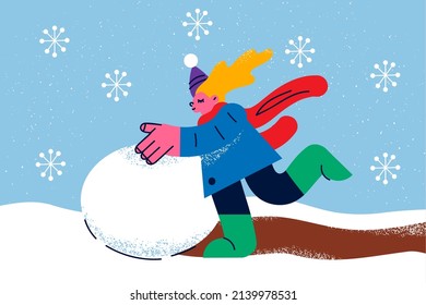 Happy little girl child in outerwear have fun make snowman walking alone on street. Smiling small kid enjoy winter holidays outdoors making snowballs. Vacation and childhood. Vector illustration. 