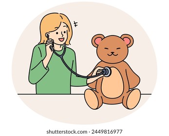 Happy little girl child with stethoscope playing with teddy bear. Smiling small kid have fun listen to heart of toy with phonendoscope. Future profession. Vector illustration.