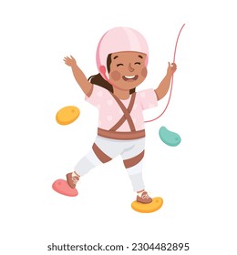 Happy Little Girl Climbing Wall Crawling Up Equipped with Rope Vector Illustration