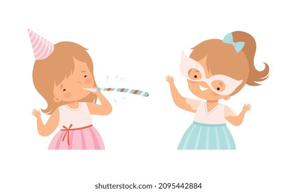 Happy Little Girl in Cone Birthday Hat Wearing Mask and Blowing Whistle Cheering About Holiday Vector Set