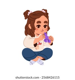 Happy little girl creates figure from clay. Funny kid sculpts with plasticine. Cute kid holds animal shape toy in hands. Development of fine motor skills. Flat isolated vector illustration on white