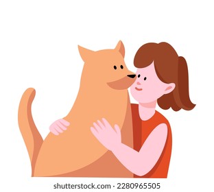 Happy Little Girl Cuddling and Hugging Dog Pet Vector Illustration