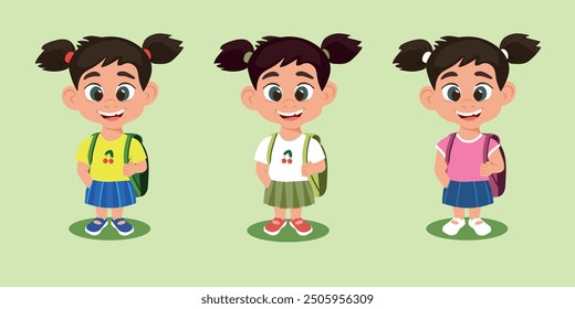 Happy little girl with cute smile ready for school. A set of several color options for a T-shirt, skirt, sandals and backpacks. Flat vector character for website, cover, poster, book. EPS10