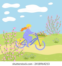 Happy kleines Mädchen Radfahren im Frühjahr in flachen Cartoon-Design. Kinderfahrrad mit Frühlingskorb mit Tulpen im Park oder Garten mit Blumen und ersten Wildblumen. Vektorgrafik