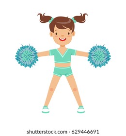 Happy little girl dancing with blue pompoms. Colorful cartoon character vector Illustration