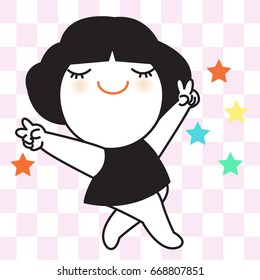 Happy Little Girl Dancing Isolated On Check Pattern Background Concept Card Character illustration