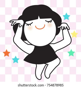 Happy Little Girl Dancing Isolated On Check Pattern Background Concept Card Character illustration