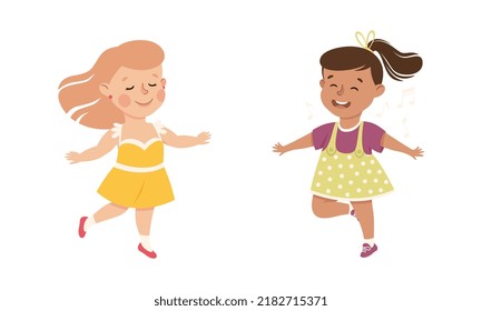 Happy Little Girl Dancing to Music Moving Body and Having Fun Vector Set