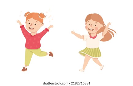 Happy Little Girl Dancing to Music Moving Body and Having Fun Vector Set