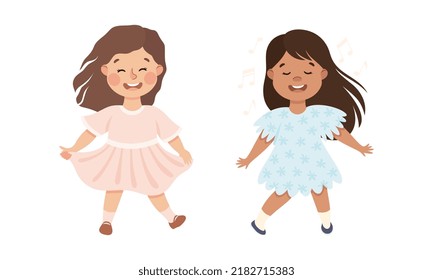 Happy Little Girl Dancing to Music Moving Body and Having Fun Vector Set