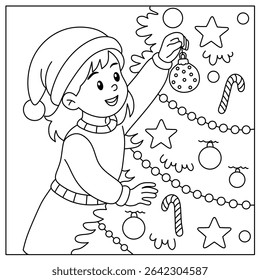 Happy little girl decorating Christmas tree with ornaments of bells, stars and candy. Illustration for children's coloring book with Christmas theme.