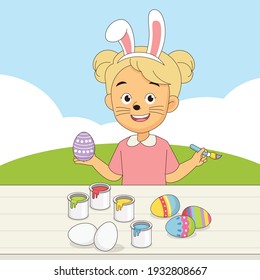 Happy Little girl Decorating Easter Eggs