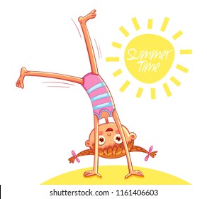 Happy little girl doing cartwheel on sea beach. Summer time. Red-haired girl with two funny pigtails have fun jumping. Funny cartoon character. Vector illustration. Isolated on white background