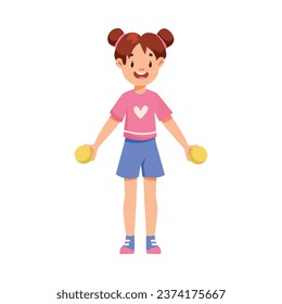 Happy Little Girl Doing Sport Activity Lift Dumbbell Vector Illustration