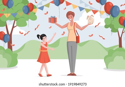 Happy little girl in dress celebrating birthday outdoor in decorated park or forest vector flat illustration. Mother gives her daughter box with gift and rabbit. Happy birthday, holidays concept.