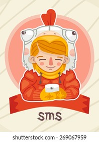 happy little girl dressed as a chicken is gaining sms poster