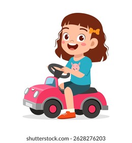 Happy Little Girl Driving a Pink Toy Car and Smiling, Illustration of Child Playing Car