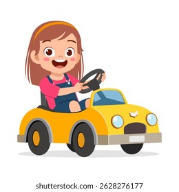Garotinha feliz dirigindo um carro de brinquedo amarelo com expressão alegre no estilo de desenhos animados