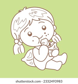 Happy Little Girl To Eat Food Cartoon Digital Stamp Outline