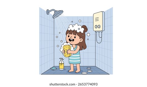 Uma menina feliz desfruta de uma banheira borbulhante em uma moderna cabine de banho ladrilhada rodeada por produtos de higiene limpos