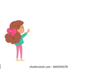 Happy little girl explaining or showing something. Joyful smiling child with cheerful face expression. Cute kid in good mood talking and pointing with finger vector illustration.