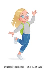 Happy little girl with eyeglasses waving her hand and hopping on her way to school. Cartoon vector illustration isolated on white background.