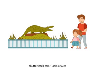 Happy Little Girl with Father Looking at Crocodile Behind Enclosure at Zoo Vector Illustration