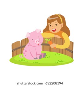 Happy little girl feeding pink pig with carrot in a mini zoo. Colorful cartoon character vector Illustration