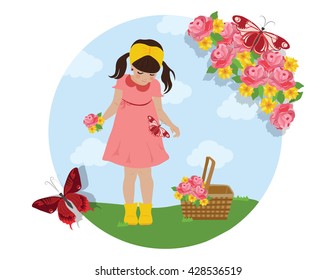 Happy Little Girl in a field of green grass with flowers. Vector Spring Summer background