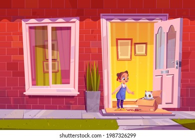 Happy little girl find kitten in carton box at home door. Pets adoption, excited baby happy to get cute white foundling cat. Birthday gift, feline animal and human relation Cartoon vector illustration